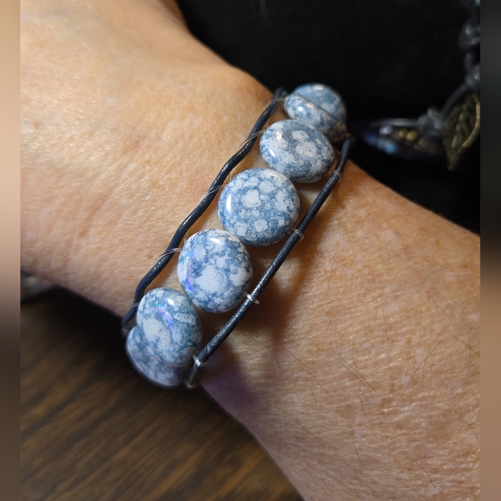 Handmade Leather Wrapped Bracelet, Blue Granite Beads & A Blue Flower Button NWT